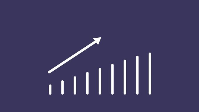 Business growth bar chart animation with rising trend arrow, financial success concept, minimalist blue background