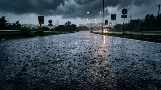Cinematic wide view of a flooded street with rain splashing on water surface during a storm