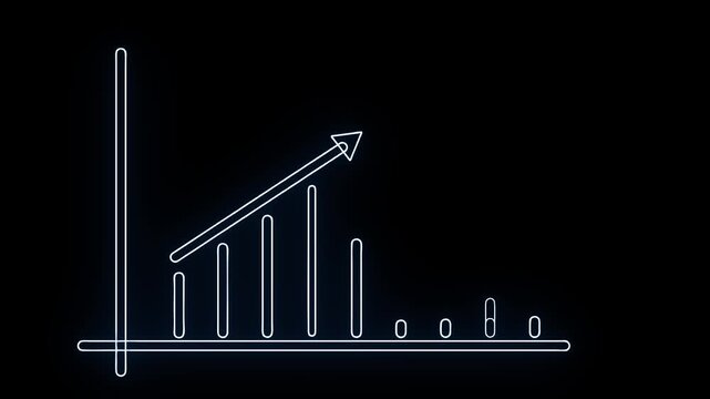 Neon financial bar chart growing upward, business growth and success concept animation graph