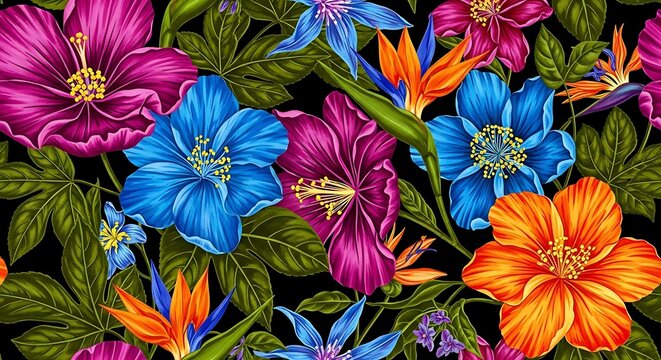 Seamless pattern of vibrant tropical flowers and leaves including hibiscus and bird of paradise