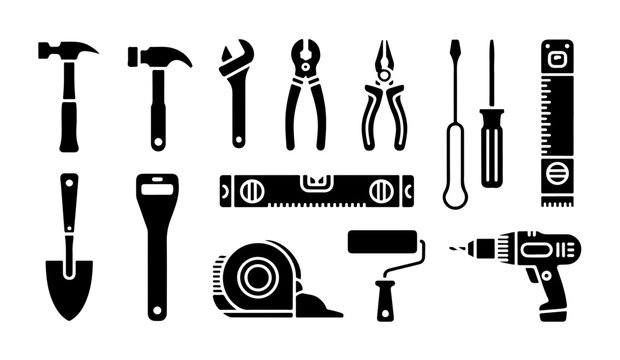 Professional hardware tool set black icons on transparent background for engineering and manual labor work.
