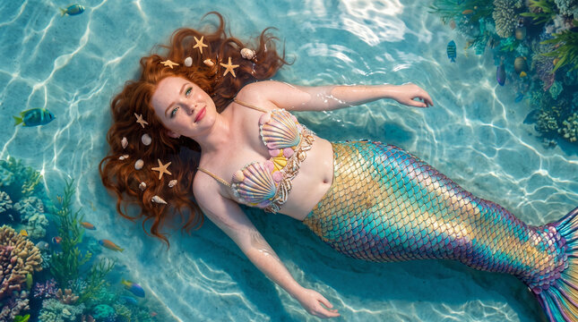 Beautiful redhead woman in a magical mermaid costume floating in clear turquoise blue water, wearing pink shell bikini top.