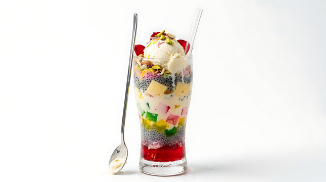 Sweet and refreshing Burmese Falooda dessert drink with rose syrup, jelly, and ice cream, isolated on white