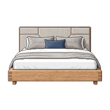 Modern wooden platform bed frame with upholstered headboard and pillows on white background