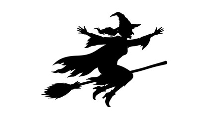 Halloween Witch silhouette flying on broomstick. Halloween candy corn night spooky seasonal figure. Magic sorceress outline vector for holidays and autumn decorations isolated on White