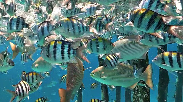 A dense school of tropical fish gathers beneath a wooden jetty in the clear waters of Raja Ampat, Indonesia.
