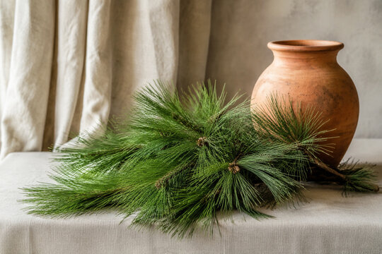 Longleaf pine branches with terracotta urn on linen cloth, natural decor concept