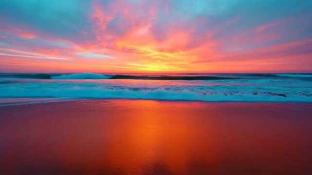 Vibrant sunset over ocean waves crashing on sandy beach at golden hour