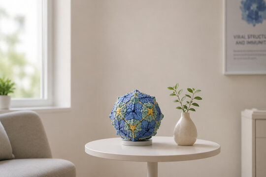 Faceted geometric sculpture and ceramic vase on white table, scientific art concept