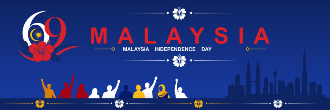 Malaysia Independence Day 69th Anniversary 2026 Patriotic Skyline Banner. national colors, and elegant typography for celebrations, events, posters, and digital promotions.