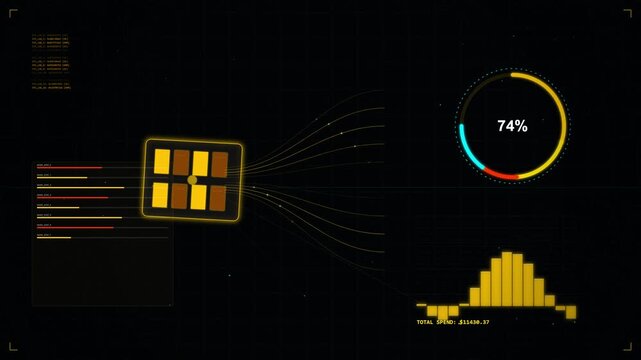 Futuristic digital dashboard with data visualization and charts