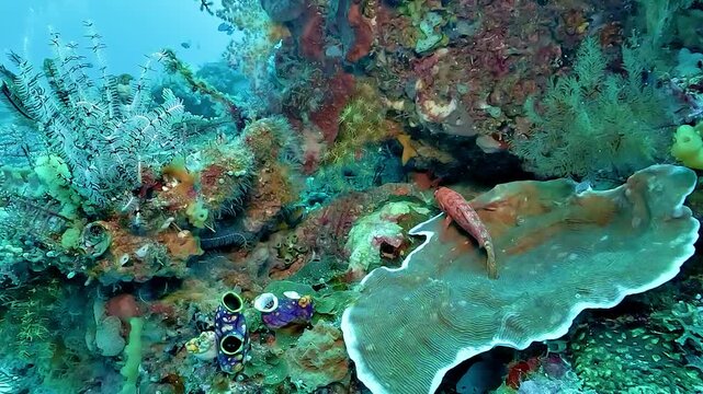 A highly diverse Raja Ampat reef displays colorful corals, sponges, crinoids and tropical fish, illustrating the exceptional richness of the Coral Triangle.