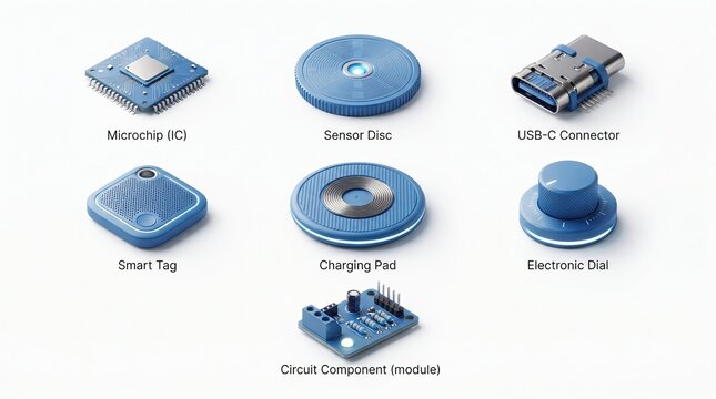 Blue 3 d-rendered electronic components including microchip, sensor, and charging pad usb-c