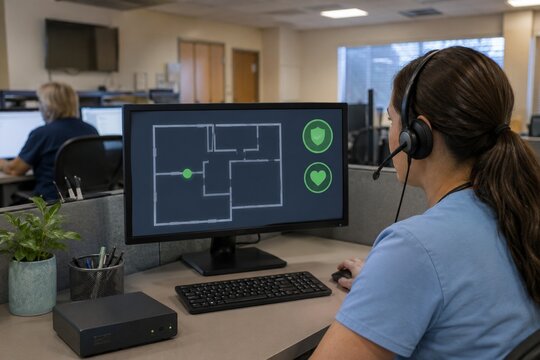 Caregiver monitoring elderly care facility on computer