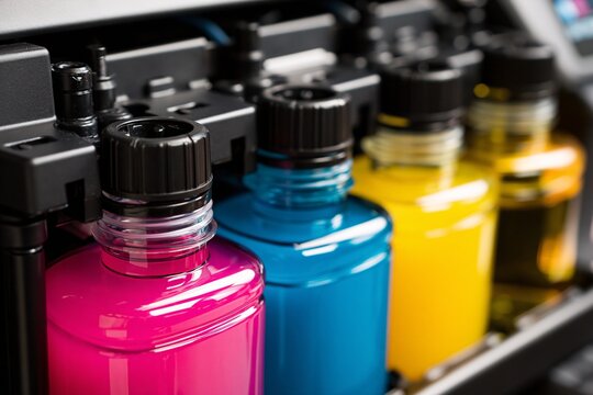Color ink cartridges in printer array, vivid magenta, cyan, yellow, black