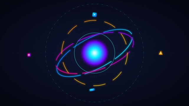 Abstract Atom Model with Glowing Orbits and Nucleus.