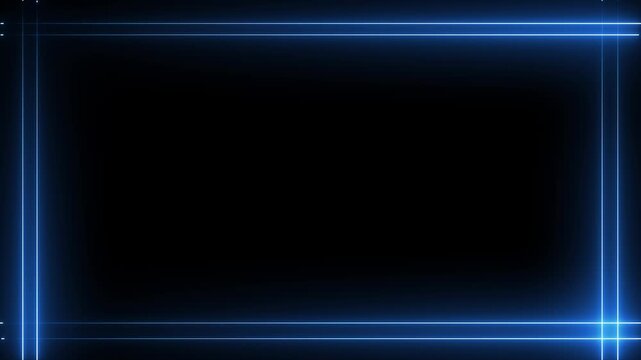 Glowing blue neon square frame with double lines on a dark black background for futuristic borders and digital interfaces.