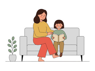 Mother and daughter reading a book together on a sofa. This minimalist illustration depicts family bonding and early childhood education at home.