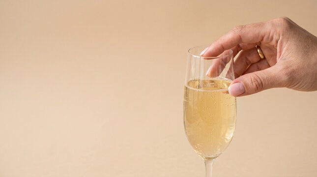 Hand holding a flute of champagne with bubbles