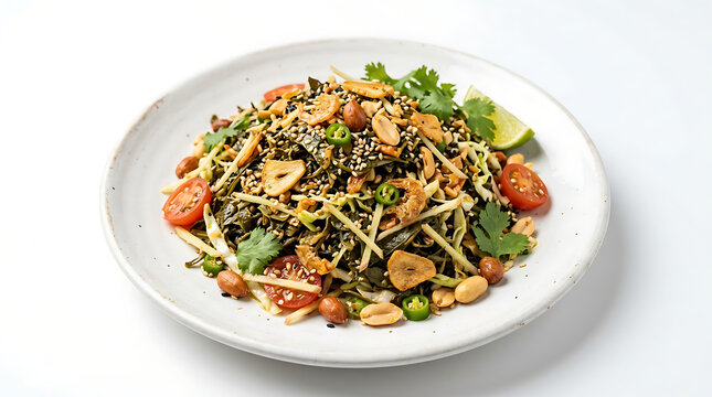 Traditional Myanmar Laphet Thoke, fermented tea leaf salad with crunchy nuts, isolated on a white background