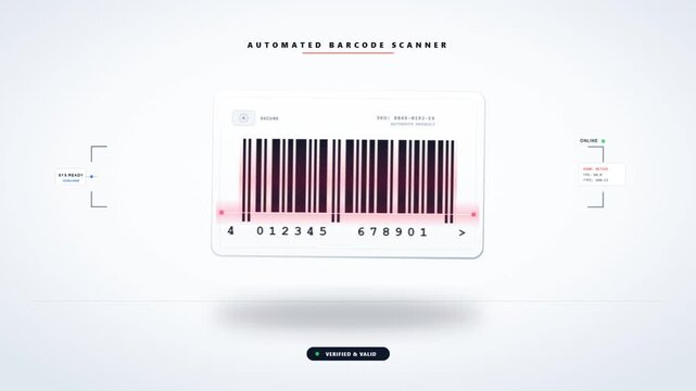 Barcode scanning animation with red laser line, product identification, inventory management, retail technology, digital commerce, supply chain, modern business solution, data processing, efficient l.