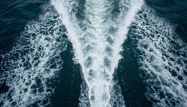 Top down view of fast boat engine wake with white foam splashing trail on deep blue sea water surface