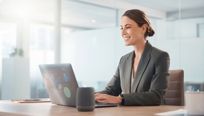 Fototapeta premium Professional businesswoman working on a laptop with AI technology in a modern corporate office, with clean space for business marketing content.