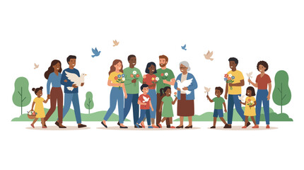 Fototapeta premium Diverse Family Groups Celebrating Peace with Doves and Flowers in Nature