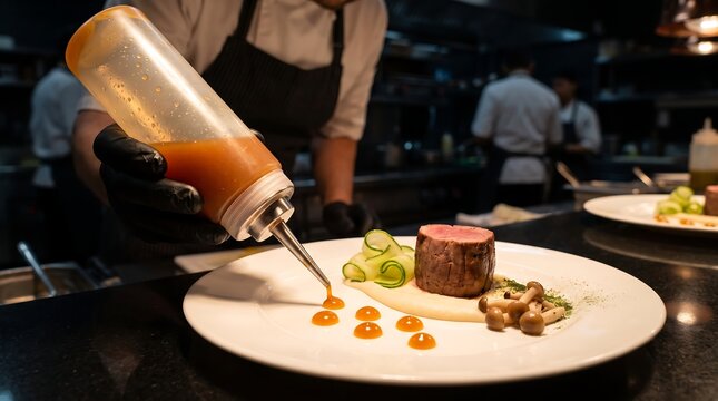 Chef decorating fine dining plate with sauce squeeze bottle in professional kitchen setting restaurant culinary professional gastronomy preparation decoration technique creative