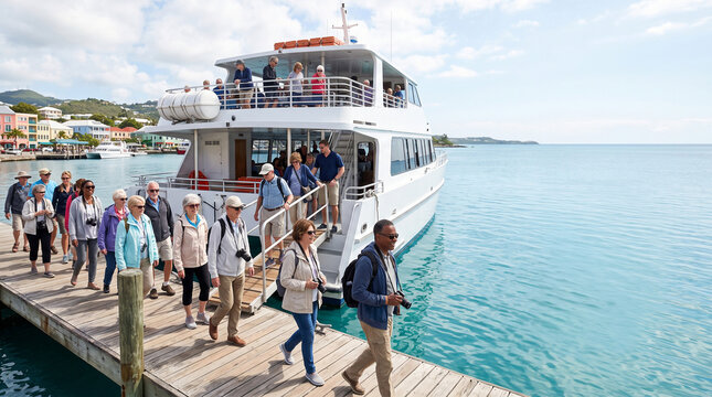 Tourists disembarking a boat onto a wooden pier in a tropical harbor