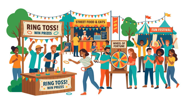 Diverse crowd enjoying carnival games and street food at a vibrant summer festival.