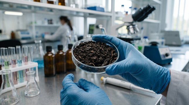 Agriculture scientist holding petri dish with dark soil sample in modern laboratory