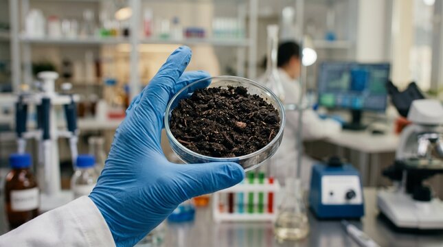 Agricultural laboratory research featuring fertile soil testing in a clean modern science lab