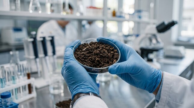 Close-up of scientist hands holding fertile soil sample in petri dish for laboratory analysis