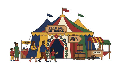 Fototapeta premium Festival Entrance with Food Stalls and Families, Colorful Tent, Summer Celebration