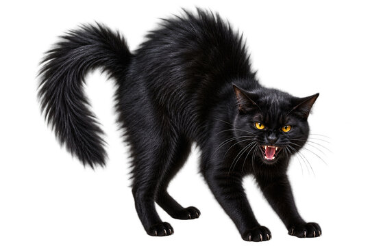 Hissing black cat arching its back isolated on white background