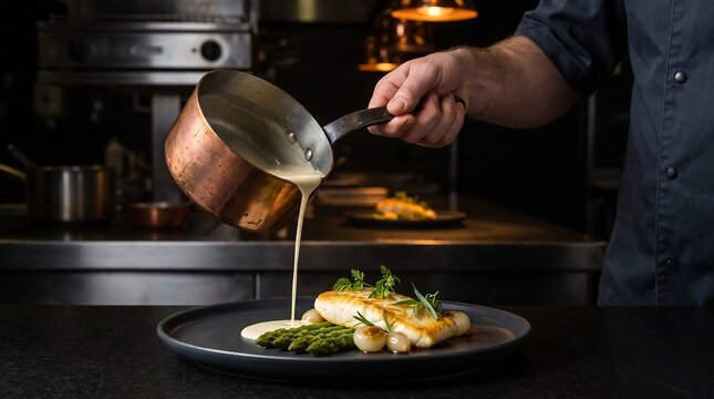 Chef pours cream sauce over perfectly cooked fish and asparagus on dark plate in restaurant kitchen with fine dining food preparation main course white sauce food industry food service