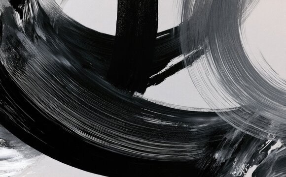 Abstract monochrome swirling brushstrokes create a dynamic, textured composition