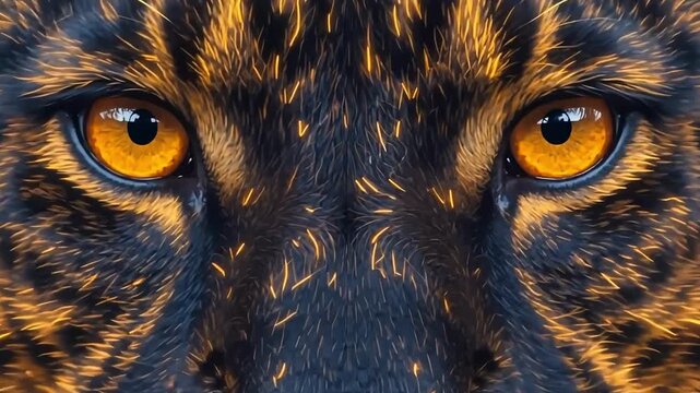 Black Panther Face Close Up with Glowing Amber Eyes Staring Forward, Dark Wildlife Animation, Morphing Transition Motion Graphic