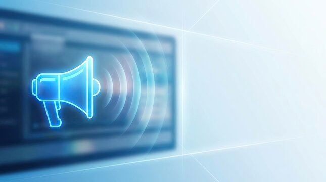 A digital illustration features a glowing neon megaphone icon superimposed on a blurred computer screen. The megaphone is outlined in bright blue, with radiating sound waves extending outwards.
