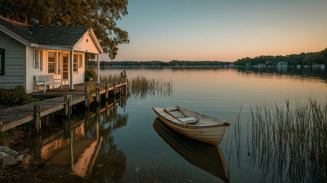 Small wooden white cottage featuring rustic porch overlooking calm lake water during a beautiful golden sunset