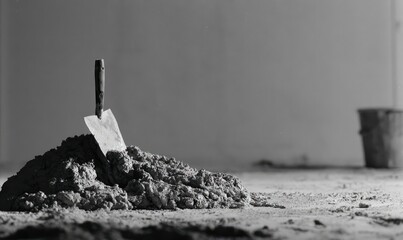 Trowel stuck in wet concrete mound on floor, bucket in background