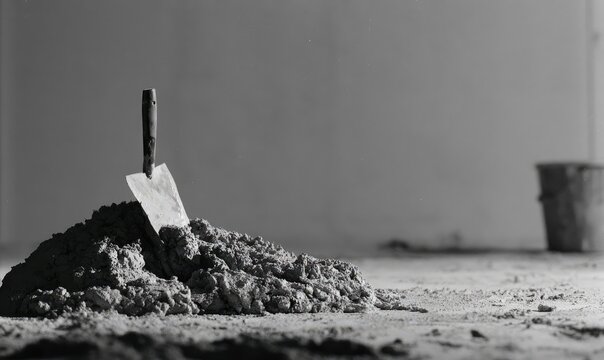 Trowel stuck in wet concrete mound on floor, bucket in background