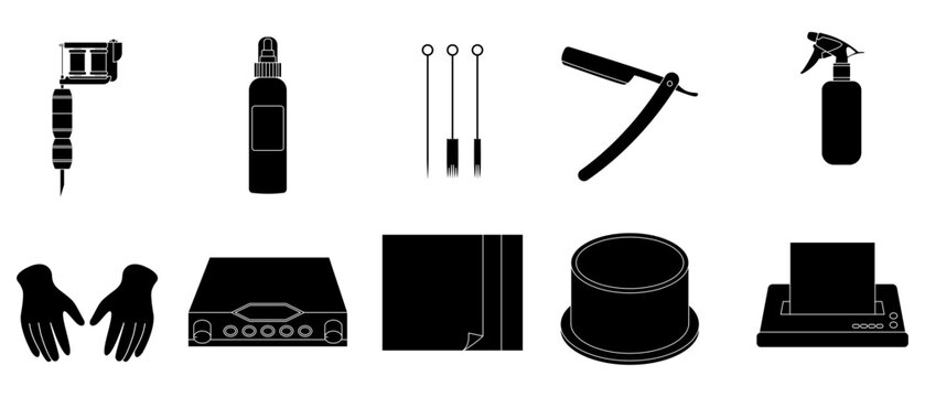 Tattoo and barber tools silhouette collection machine coil shader