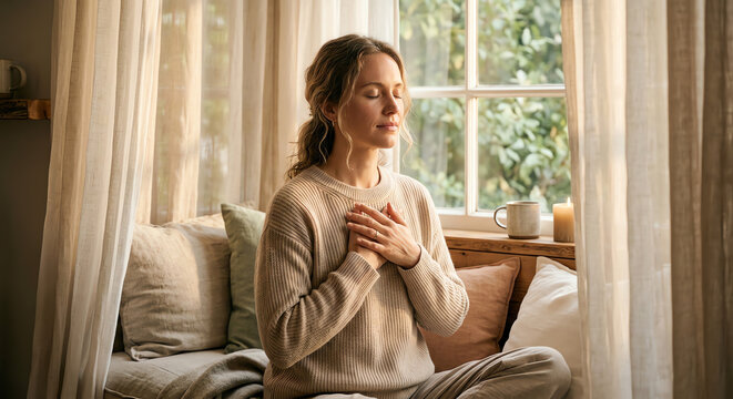 Woman meditating by window with hands on chest