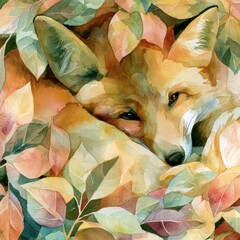 Naklejka premium A fox lies among colorful leaves in a lush setting showcasing gentle washes of watercolor. The warm palette adds a natural feel to the scene.