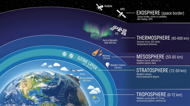 Earth atmospheric layers infographic showing troposphere to exosphere with space elements