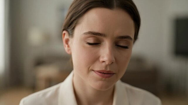Woman Meditating with Eyes Closed in Soft Natural Light, Peaceful Mindful Moment for Wellness and Self-Care Concepts