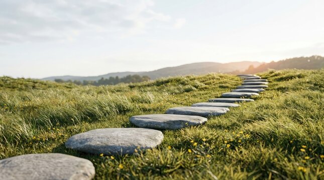 A winding path of smooth, gray stones leads across a grassy hill towards a distant mountain range. The path is set in a vibrant green meadow dotted with yellow wildflowers.