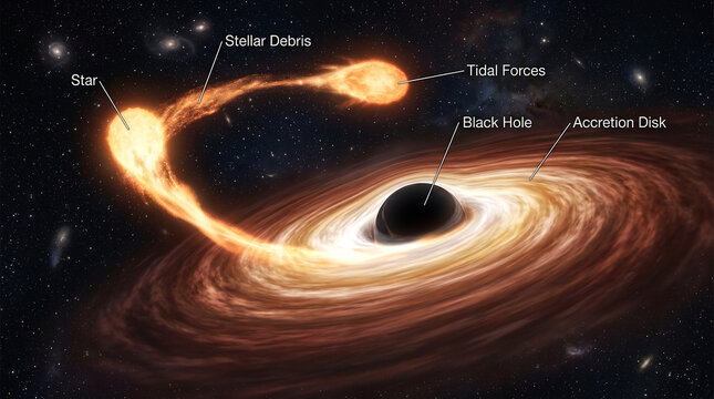 Black hole destroying a star with accretion disk and stellar debris in deep space.